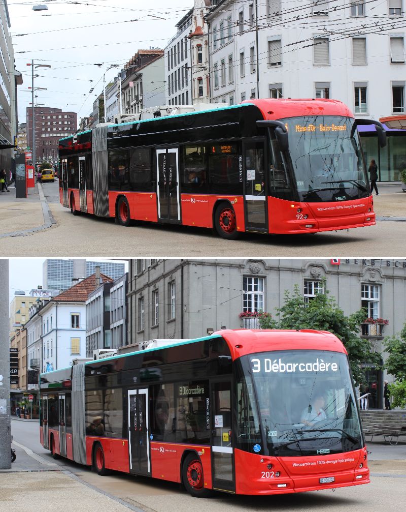 Die jüngste Flottenstrategie sieht die Umstellung der Diesel- und Batteriebusse, unten Batteriebus 202, auf Batterie-Trolleybusse (Foto oben: Wagen 92 vom Baujahr 2018) vor, es soll dann eine einheitliche Flotte von 40 Batterie-Tolleybussen Ende 2026 auf den städtischen Linien zum Einsatz kommen. Fotos: J.Lehmann, Juni 2021