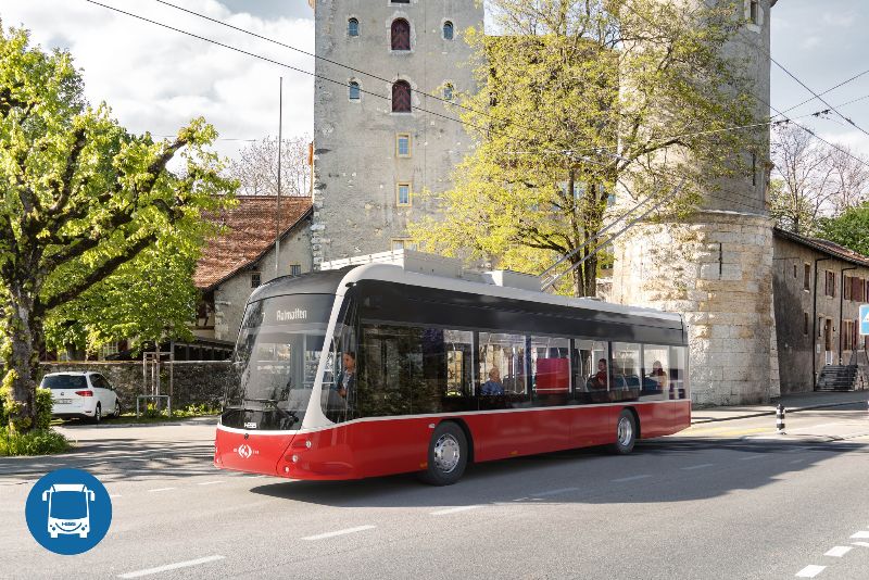 Visualisierung eines Solo-Batterie-Trolleybusses (lighTram® 12 DC) vor dem Schloss Nidau. Quelle: Carrosserie Hess AG