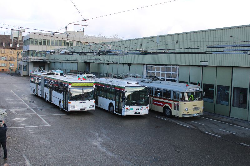 Bevor am 4.2.2023 die Überführung von Esslingen nach Bad Cannstatt erfolgte, konnten alle drei SVE-Museumsbusse vereint auf dem Betriebshof festgehalten werden. Foto: Frank Wonneberger