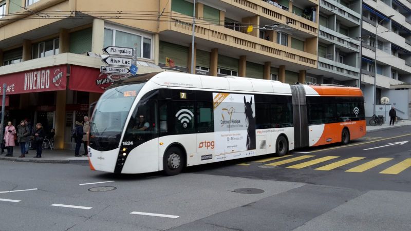 Van Hool ExquiCity Wagen 1624 der TPG im Batteriemodus auf der verlängerten Linie 7. 23 solcher Wagen sind zusätzlich zu den vorhandenen 33 Wagen bereits bestellt. Foto: Robert Schwandl (www.urbanrail.net)