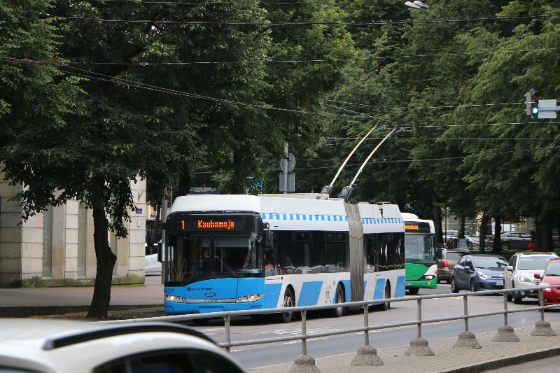 Solaris Trollino 18 Nr.439 ist einer von 19 Gelenktrolleybussen, hier im Einsatz als Linie 1 im Zentrum im August 2017. Foto: Dirk Budach