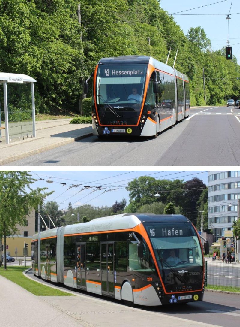 Fotos:oben: Obus 221 auf der Linie 43, die vor 75 Jahren als Linie W eröffnet wurde. unten: Obus 239 fährt als Linie 46 vom Froschberg kommend die Haltestelle Hauptbahnhof an, als Obuslinie 20 von Froschberg zur Garnisonstraße, ab 1952 O2 genannt und ab 1974 Linie 45 wurde als zweite Obuslinie 1949 eröffnet. Aufnahmen: J. Lehmann, 24.5.2019