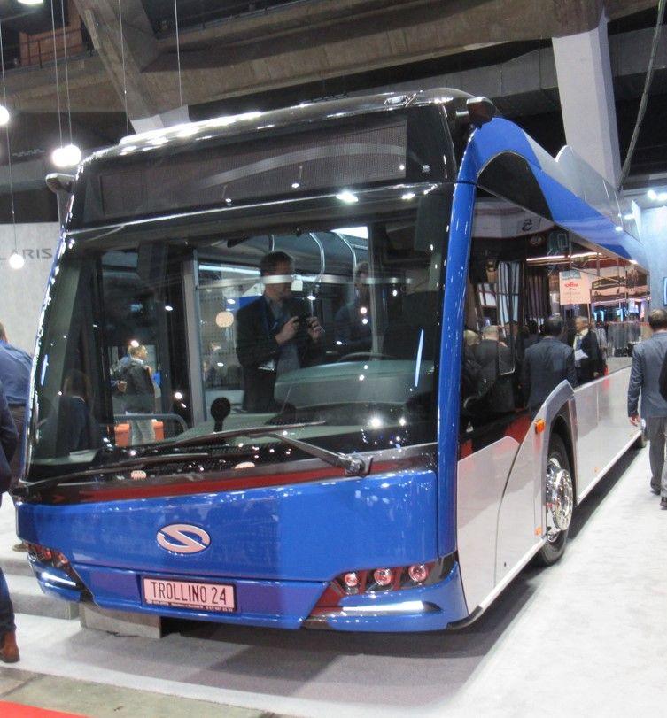 Ausgestellter Solaris Trollino mit der neuen MetroStyle-Front auf der Busworld 2019. Foto: J.Lehmann