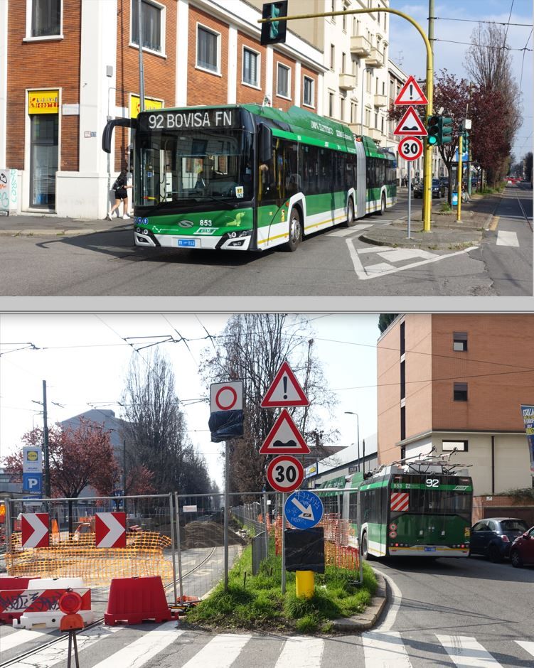 Trollino 853 passiert als Linie 92 die Baustelle auf der Busspur der Via Lancetti im Batteriebetrieb. Foto: J.Lehmann, 21.3.24