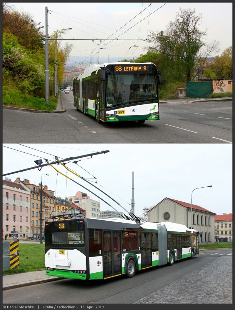 Fotos: oben: Der Škoda 27Tr Nr. 583 erreicht nach der Fahrt unter Fahrleitung auf der Prosecká-Straße gleich die Haltestelle Kundratka. unten: Während der Wendezeit am Endpunkt Palmovka können die Fahrzeuge an einem eigens dafür errichteten etwa 20m langen Oberleitungsabschnitt aufladen. Information und Aufnahmen: Daniel Möschke, 13.4.2019, weitere (Film-)Aufnahmen siehe