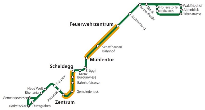 Die gelb markierten Streckenabschnitte werden künftig im Batteriebetrieb befahren.