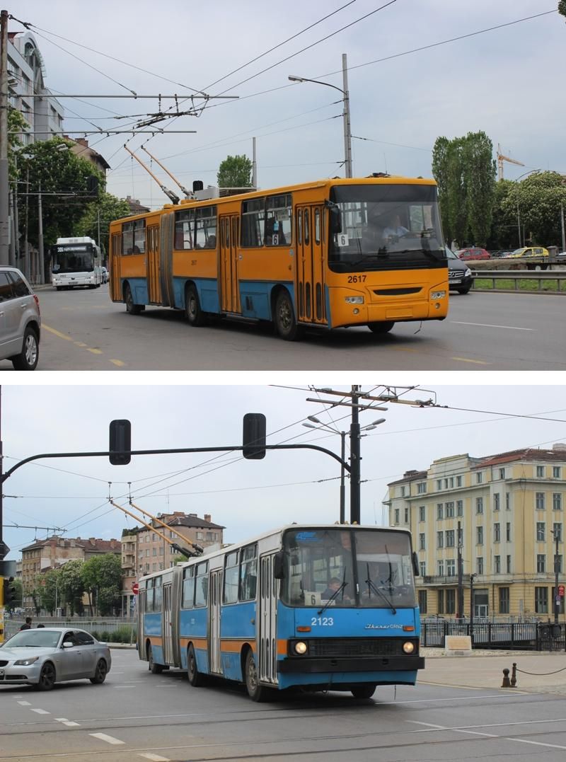 Fotos:oben: 16 Wagen der Ikarus 280T-Gelenktrolleybusse wurden 2007 bis 2015 modernisiert und sind durch ihre neue Front erkennbar, hier der 2013 umgebaute Wagen 2617 vom Baujahr 1988 im Einsatz auf der Linie 6, gefolgt von einem Yutong E12 LF- Batteriebus im Einsatz auf der Linie 309.unten: Weitestgehend im Orginalzustand befindet sich der Ikarus 280T-Gelenktrolleybus 2123 vom Baujahr 1985, hier überquert er die Gleise der Straßenbahnlinien 4, 12 und 18 über die Löwenbrücke, die in 2014 mit einem Kreisverkehr für den allgemeinen Verkehr erneuert wurde. Aufnahmen: J. Lehmann, 13.5.2019