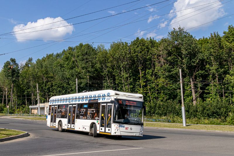 Die Neuwagen 966-980 sind mit Batterie-Antrieb ausgestattet, hier ist Wagen 967 im Batteriemodus als Trolleybuslinie 14 zum Mikrobezirk Solnechny am 4. August 2022 unterwegs. Foto: Igor Serikow