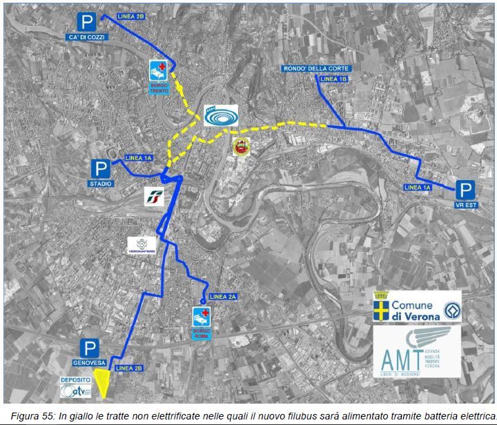 Künftiger Netzplan mit Oberleitungs- (blau) und Batteriebetrieb (gelb) aus der PDF "SISTEMA DI TRASPORTO PUBBLICO DI TIPO FILOVIARIO"
