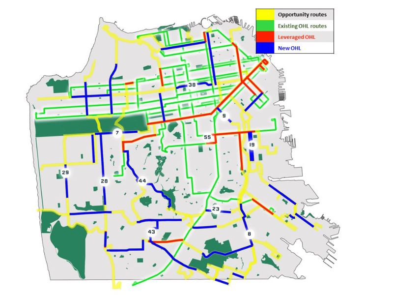 Vorgeschlagene Ausbauten des Netzes. Quelle: The Potential of Trolleybuses (Studie)